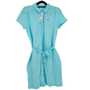 Vintage Lacoste Pique Polo Shirt Dress 14 Aqua Button Front Belted Deadstock NWT